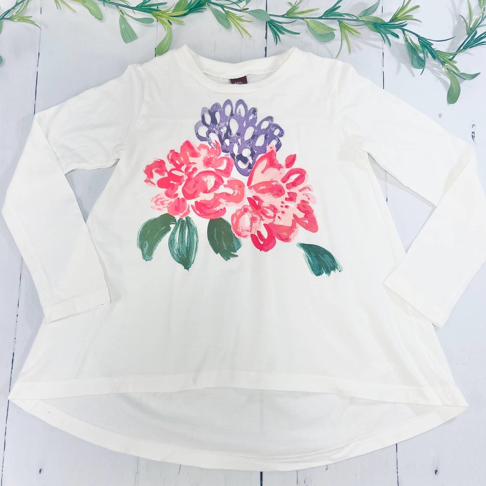 Tea Collection White Long Sleeve Tee with Floral Design